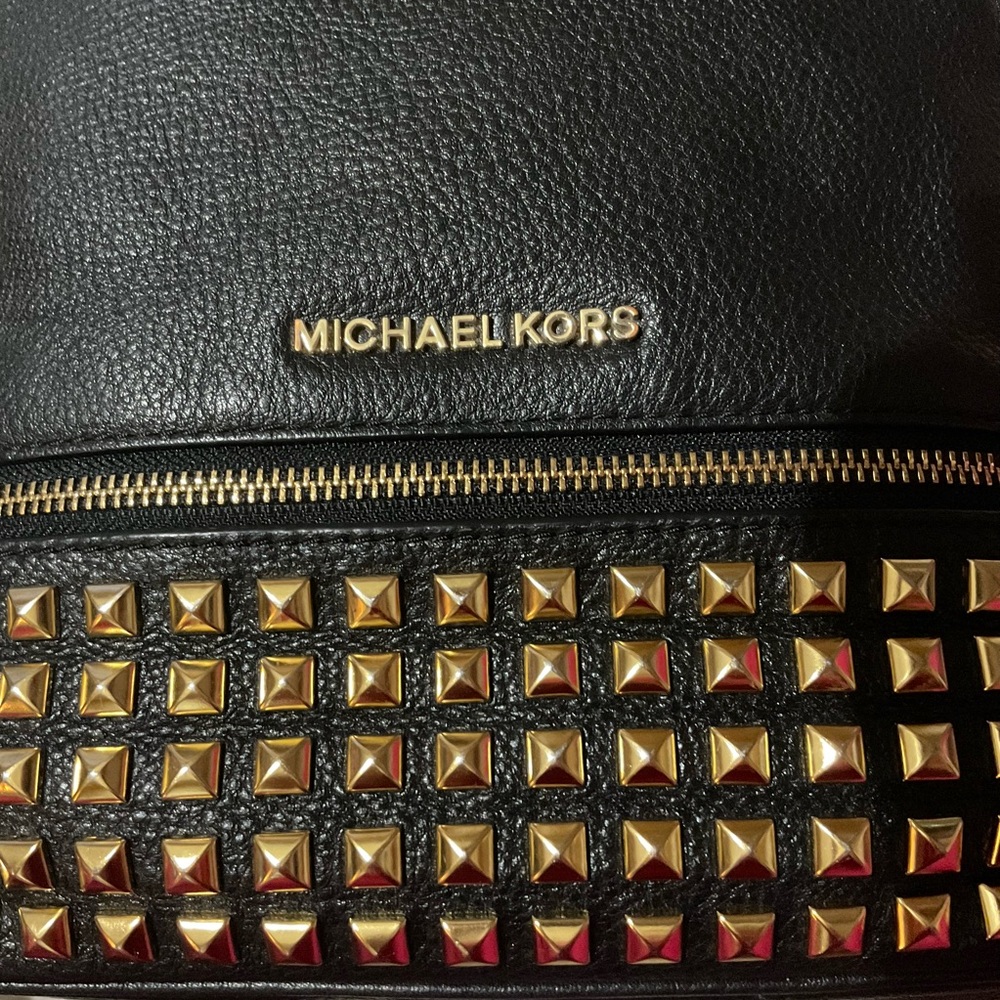 Michael Kors Black leather with metallic Gold studs rivet Backpack chic rockstar - Picture 9 of 16